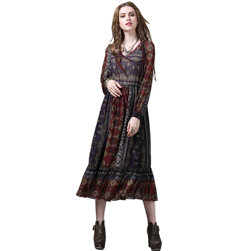 

Female Vintage Print Chiffon Ruffle Long Sleeve Flower Dress Spring Autumn Women V-neck Streetwear Casual Loose Dress