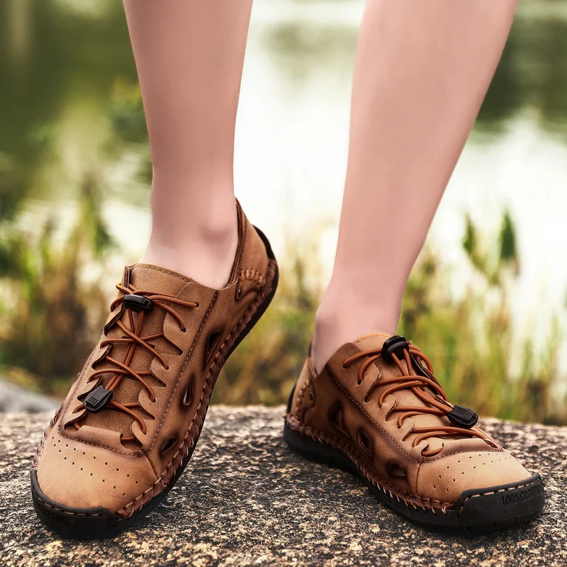 

Summer Fashion Men's Hollow Out Leather Casual Shoes Outdoor Rubber Sole Hard-Wearing Big Size Trekking Sport Sandals for Men