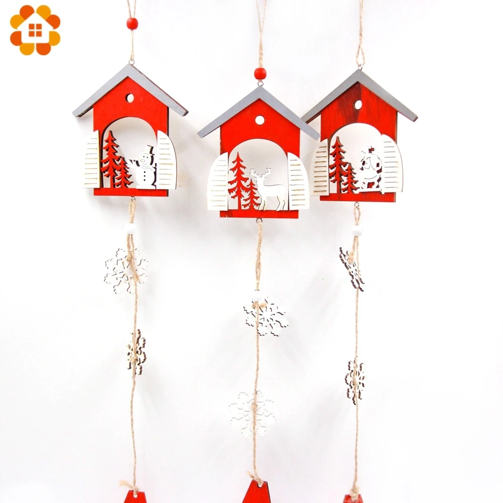 1PCS Red Wooden Santa Claus/Snowman Christmas Pendants Ornaments House Shape Xmas Tree Ornament For Party Decoration | Дом и сад
