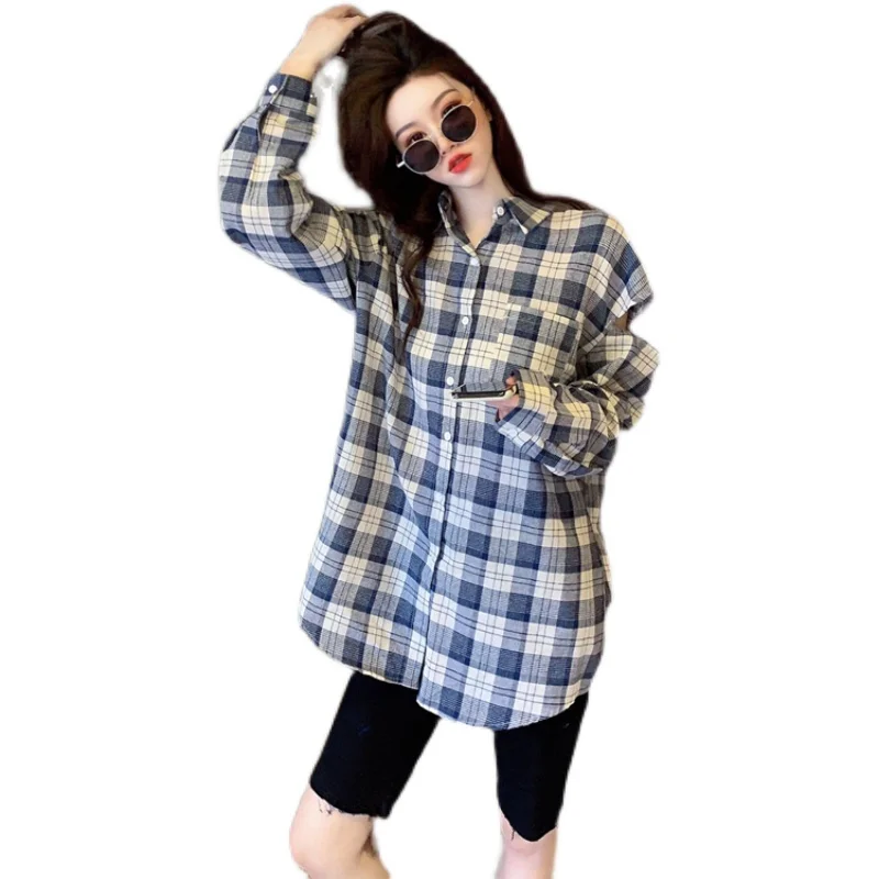 

COIGARSAM Fashion Plaid Shirt Womens tops Loose Women shirts Blue Grid 6126A