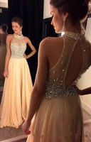 glamorous high neck beading crystals evening dresses 2020 prom dresses a line zipper sleeveless chiffon sexy prom dress