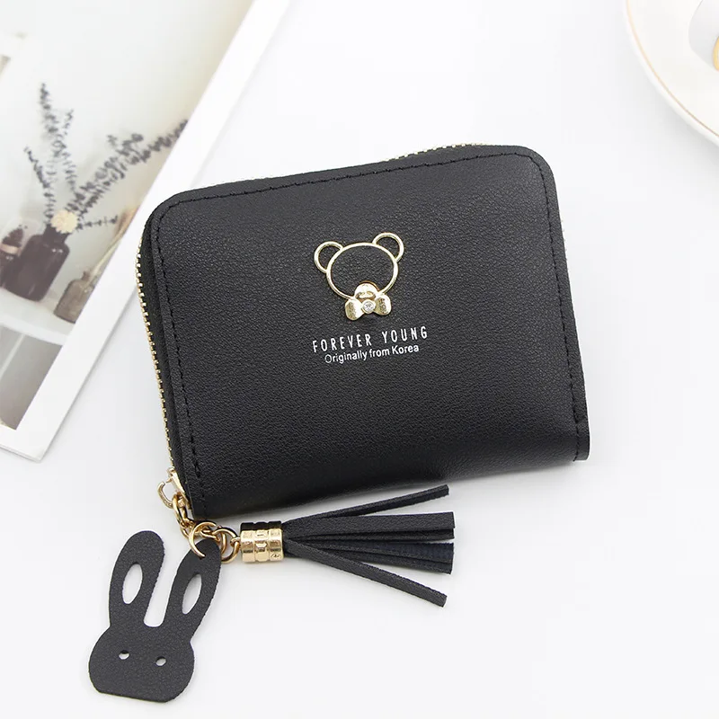 black Женский кошелек милый медведь на молнии Мини кошельки Короткие цепи с кисточками женские кошельки и визитницы животный узор Студенческая Монета Сумка - Color: black