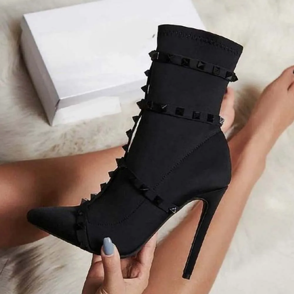 

DoraTasia New Fashion Ladies Thin High Heels Ankle Boots Fashion Rivet Pointed Toe Boots Women 2020 Party Sexy Shoes Woman