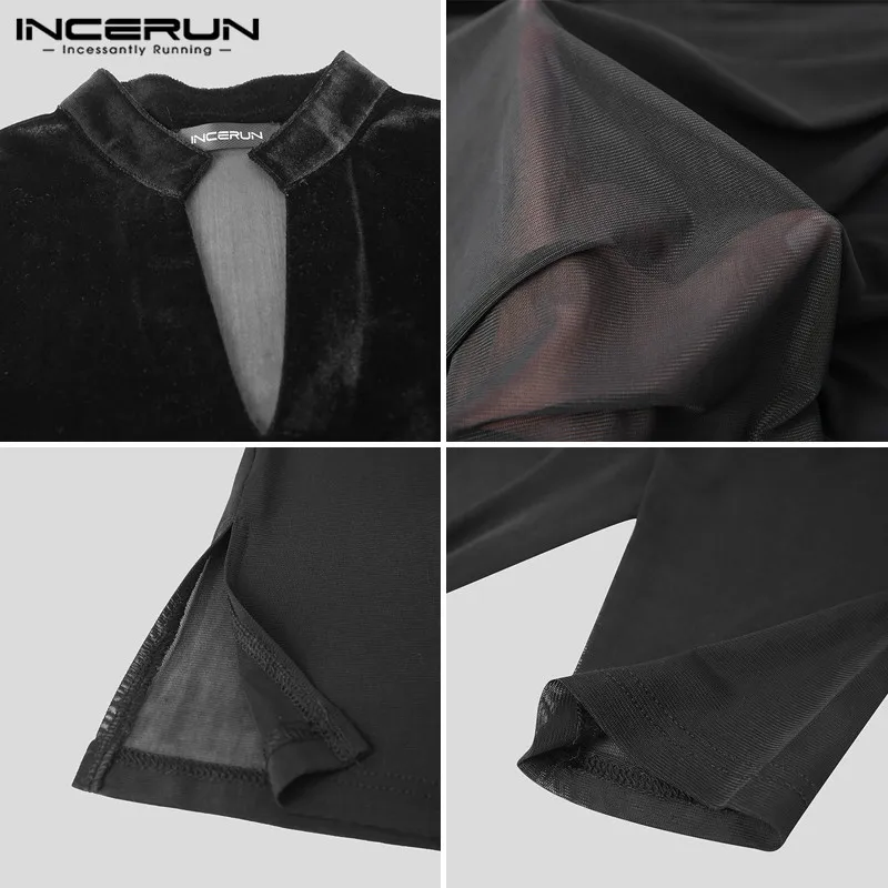

INCERUN Men Mesh Patchwork Shirt Long Sleeve V Neck Transparent Dance Tops Sexy Party Nightclub Shirts Streetwear Camisas S-5XL