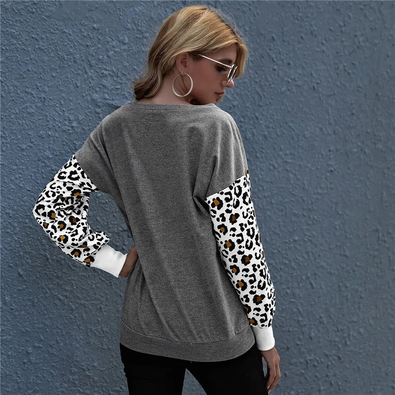 

Casual Leopard Patchwork Women T-shirts 2020 Autumn Hot-sale Vintage Lantern Sleeves Loose Tops