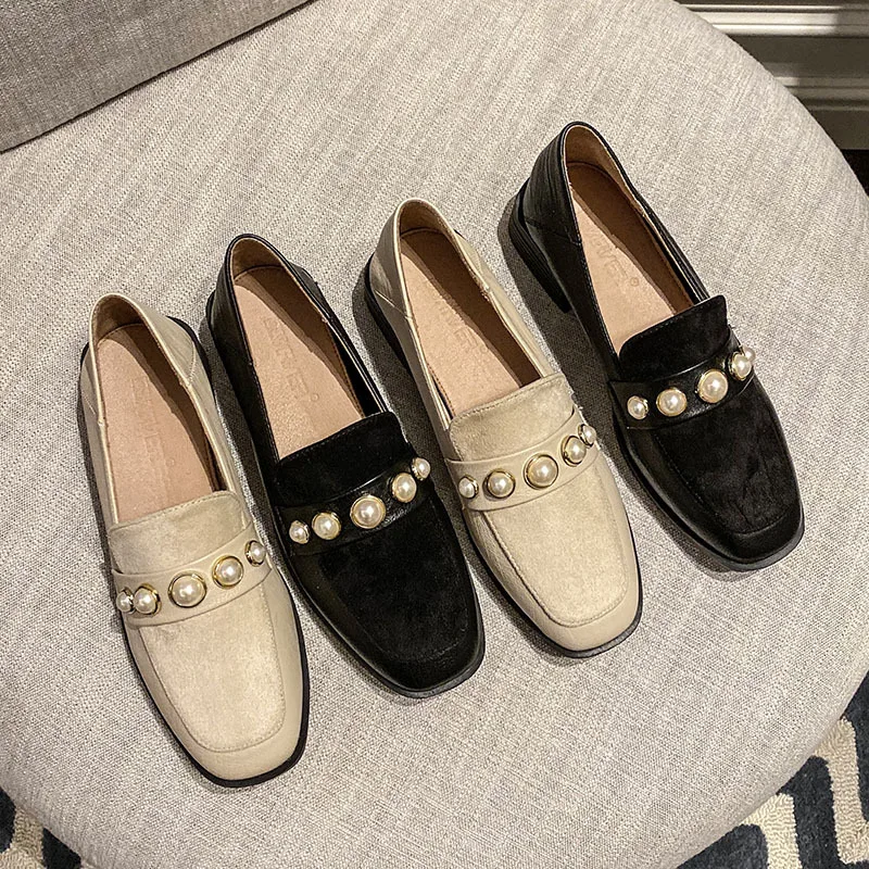 

2020 new fashion pearl Loafers woemn Casual Slip-On Square Toe Spring/Autumn flat shoes black Shallow leather pu Business office