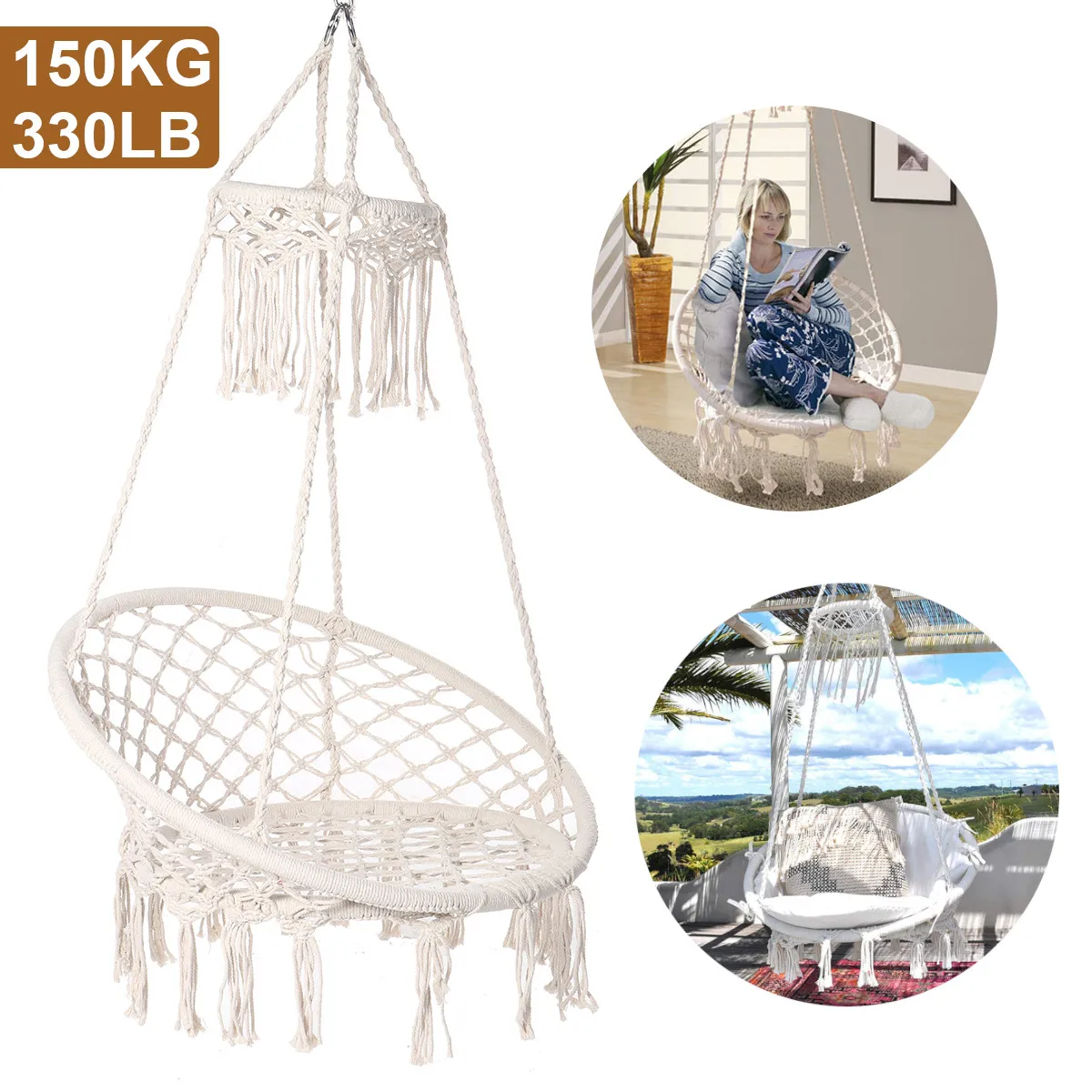 

150kg Nordic Cotton Rope Hammock Chair Handmade Knitted Indoor Outdoor Kids Swing Bed Adult Swinging Hanging Chair Hammock