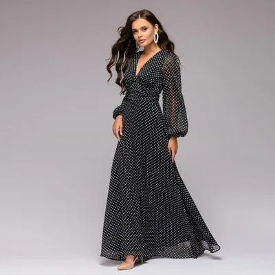 

Bohemian Retro Dot Printed Women Dress Deep V-neck Sexy Long Sleeve Chiffon Long Dresses Spring Autumn Plus Size Vestidos Black