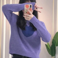 purple love heart leisure mohair sweaters women cute all match casual pullovers fashion streetwear long sleeve o neck jumpers