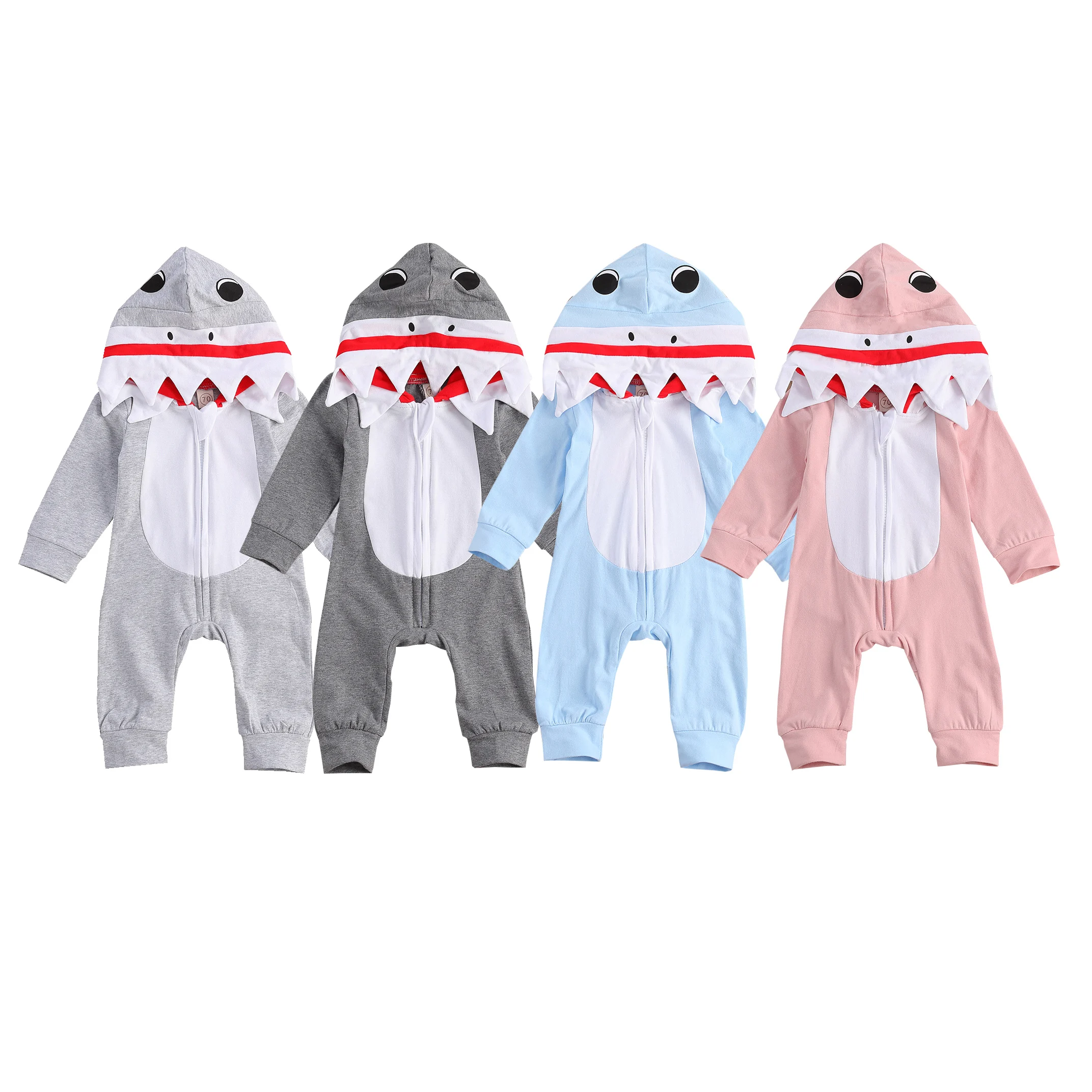 Весенне осенняя одежда для малышей Комбинезон с капюшоном и рисунком акулы на