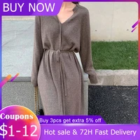 french v neck casual simplicity knit dress 2021 autumn winter japanese style korean women clothing solid color long sleeve