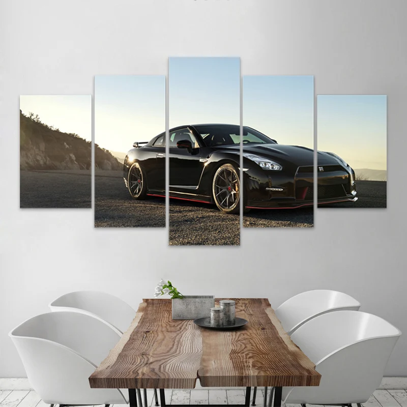 

5 Piece Canvas Wall Art Nissan GTR Black Sports Car Painting Living Room Modular Picture Bedroom Modern Poster Home Furnishing