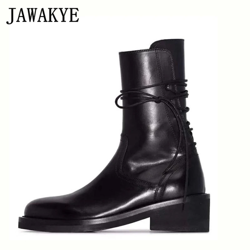 JAWAKYE/Черные ботильоны на шнуровке сзади; женские мотоциклетные ботинки на квадратном каблуке на плоской подошве; зимняя обувь из натуральной кожи; женская обувь; botas mujer