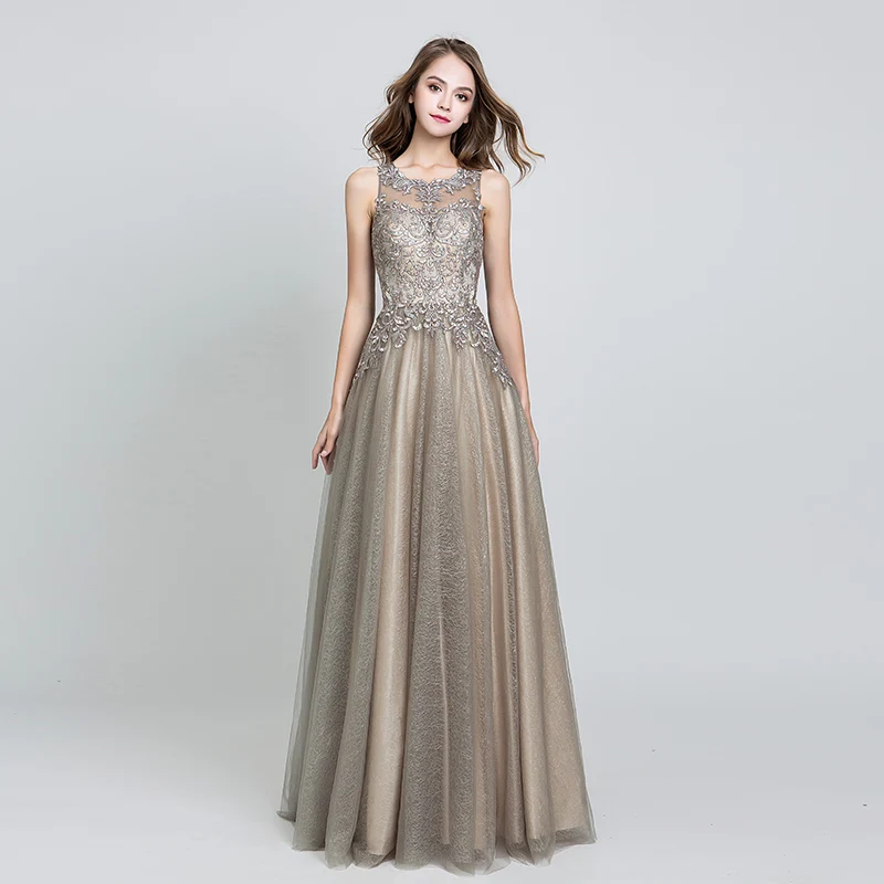 Элегантные вечерние платья Длинные мокко тюль Длина до пола Vestidos De Festa Longo o-образным вырезом ручной работы Вышивка Вечерние платья для выпускного вечера CC560