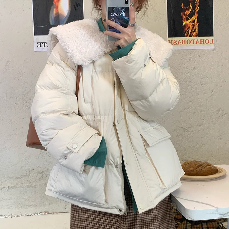 

Big Pocket Women's Winter Jacket Casual Solid Woman Coats Keep Warm Big Turn-Down Collar Single Breasted Top Winter