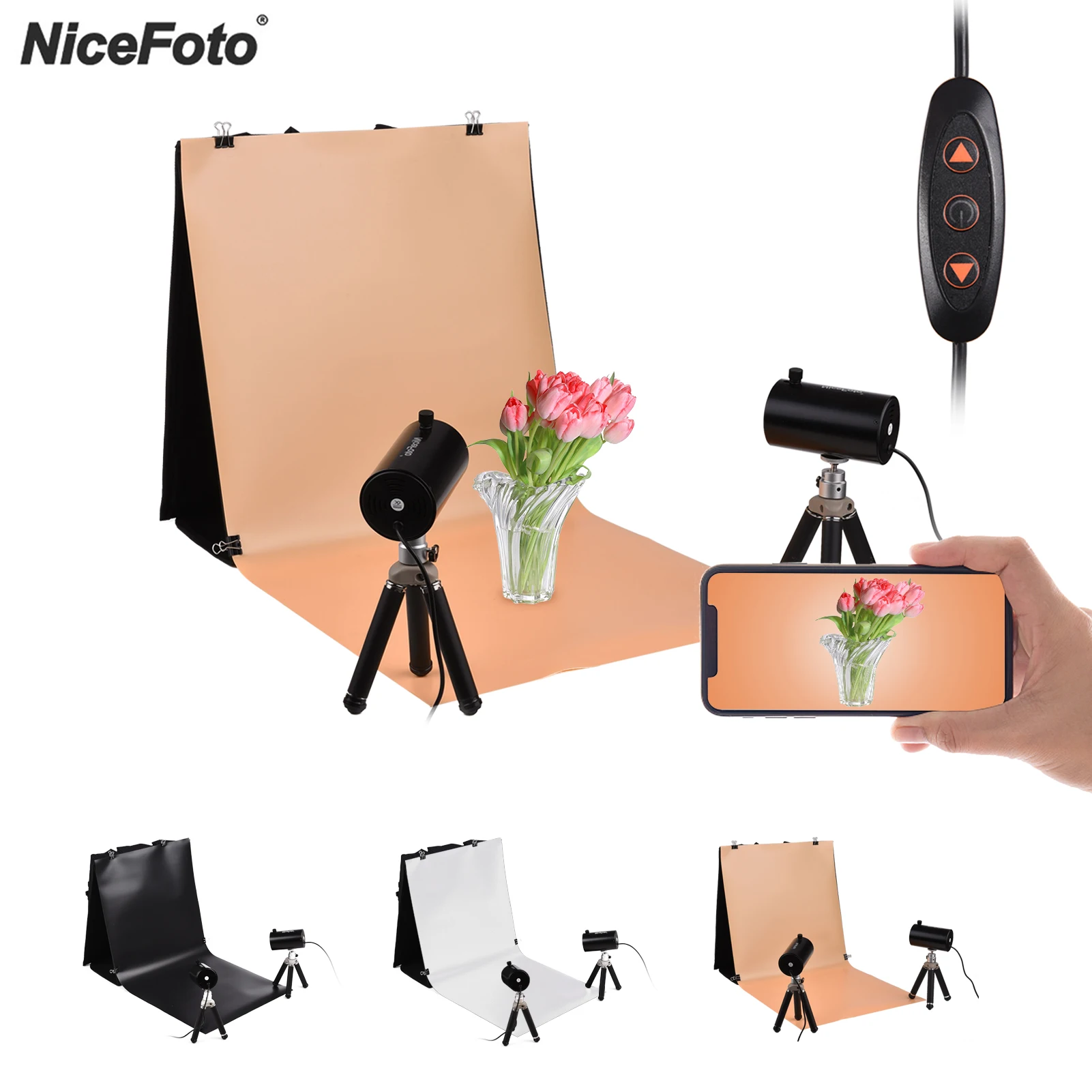 

NiceFoto 40*40 см, софтбокс для фотосъемки с светильник складной светильник коробка + 2 * регулируемый светодиодный светильник + 2 * мини-штатив + 3 * ф...