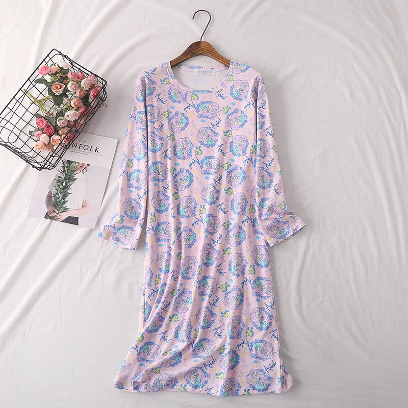 Spring Women Knitted Pure Cotton Lengthen Nightgown Round Neck Cartoon Sleepwear Long Sleeve Night Gown Sexy Nightwear Dress | Женская