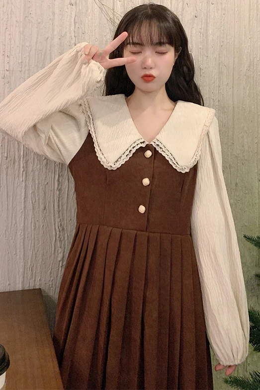 

French Style Waist-Tight Slimming Thickened Temperament Mid-Length Pleated Dress for Women kawaii clothing sweet Lolita dress