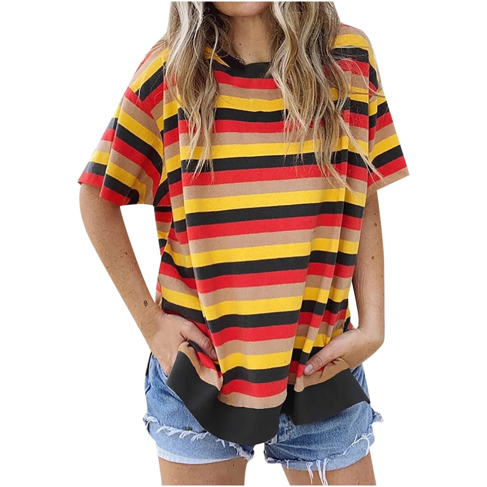 

Women's T-shirt Fashion O-neck Color Striped Splicing Split Trend Top 2021 Summer Casual Loose Comfortable T-shirt Topфутболка