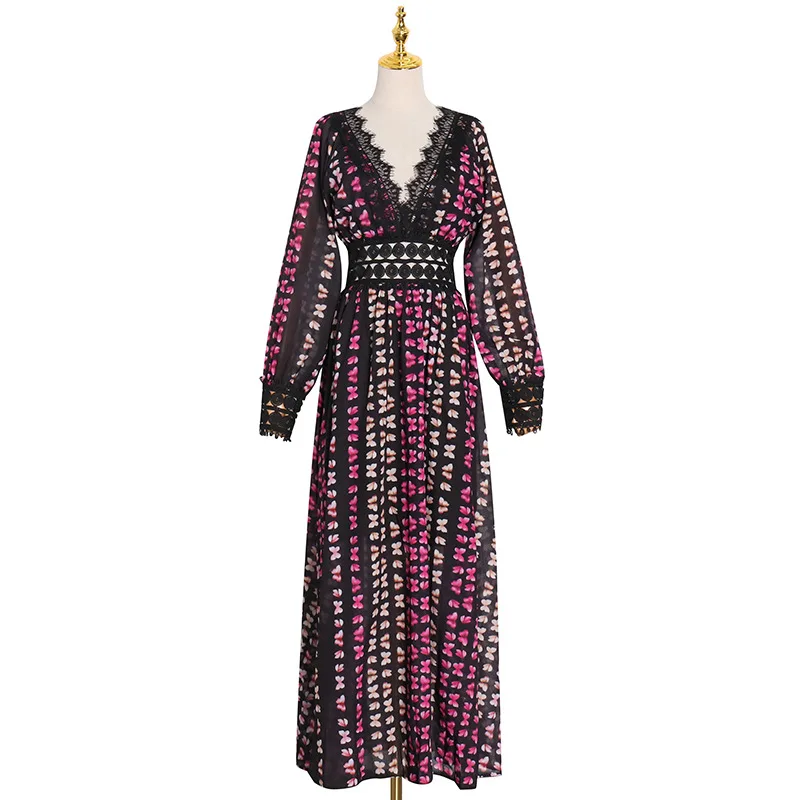 

Winter new fashion temperament sexy v-neck lantern sleeve printed waist long dress women