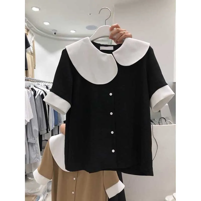 

TVOVVIN Korean Blusas Mujer Turn-down Collar Chiffon Vintage Short Sleeve Summer Blouses Women Tops Loose Shirts Retro 80AT