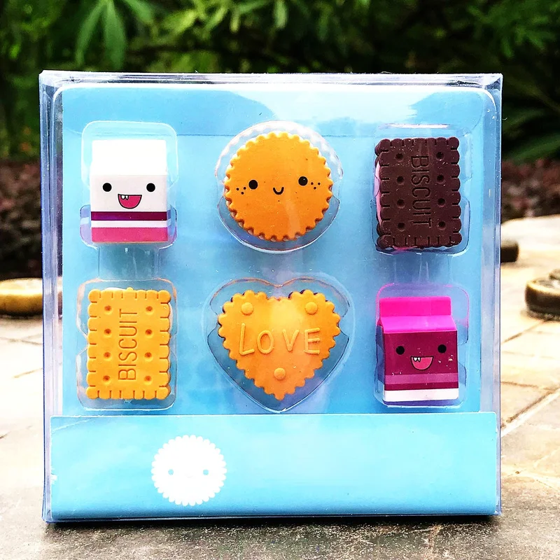 

6 pcs/pack NEW kawaii Cartoon Boxed Milk Biscuit Eraser Cute Stationery School Girl Student Supplies Party Material Escolar