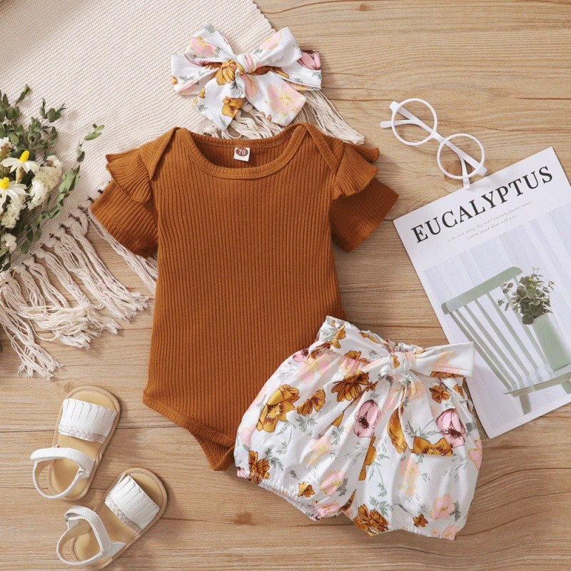 

2pcs / set Baby Girls Solid Color Short Sleeve Summer Printed Shorts Cute Butterfly Hair Band Set