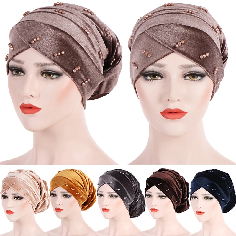 

Мусульманский тюрбан, шарф, индийский хиджаб, шапки, аксессуары для волос, Женская бархатная внутренняя Бандана с жемчугом, головной платок,...