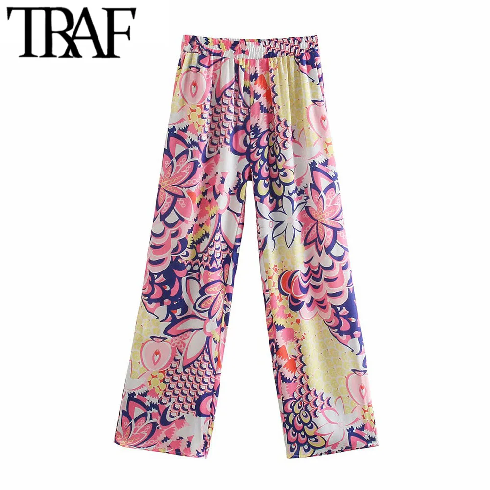 

TRAF Women Chic Fashion Side Pockets Totem Print Straight Pants Vintage High Elastic Waist Female Ankle Trousers Mujer