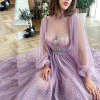 uzn new arrival pink a line lace appliques high collar prom dress elegant puffy long sleeves evening dress plus size tea length