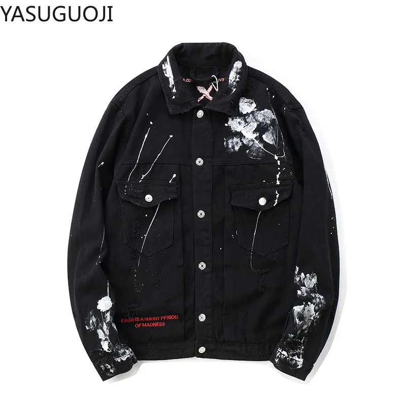 YASUGUOJI Мужская Уличная черная джинсовая куртка с аппликацией в стиле граффити