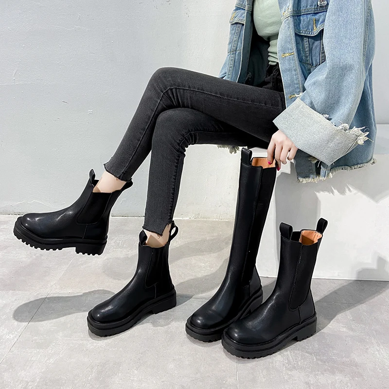 Chelsea Boots Chunky Boots Women Winter Shoes PU Leather Plush Ankle Boots Black Female Autumn Fashion Platform Booties #LAHXZ-6