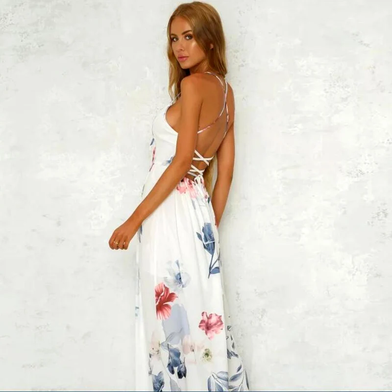 

Summer long skirt 2021 boho style ladies A-line dress open back spaghetti belt casual V-neck split sexy beach Long women dress