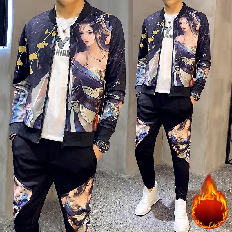 Chinese Style Winter Mens Set Pant Thick Warm Tracksuit 2-piece Track Suits Sweatsuit Man Plus Velvet To Keep | Мужская одежда