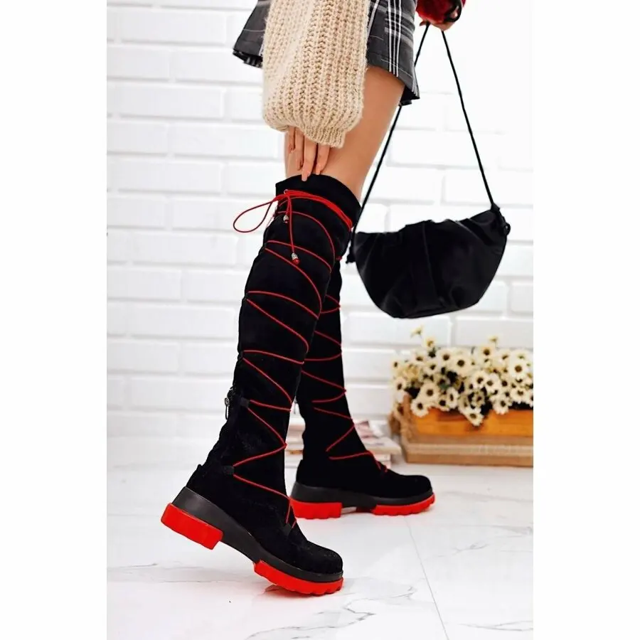 

Women Boots Limoya Anika Black Suede Red Rubber Lace-Up Flat Bottom Sock Boots