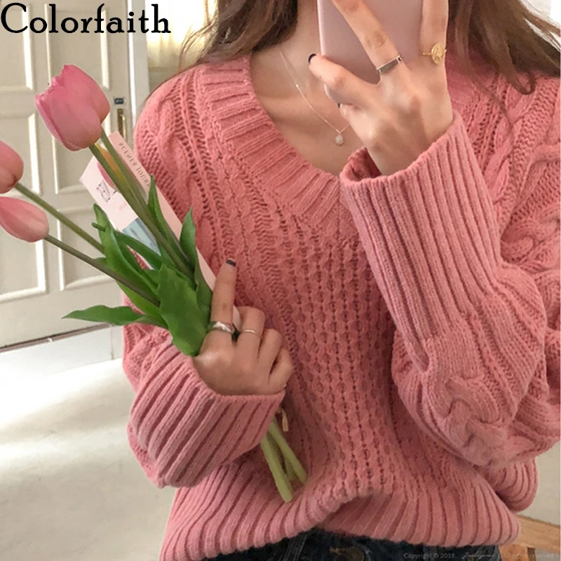Colorfaith Для женщин пуловеры; свитеры Вязание осень-зима теплый однотонный корейский стиль Женская Повседневная Свободная Топы SW9081
