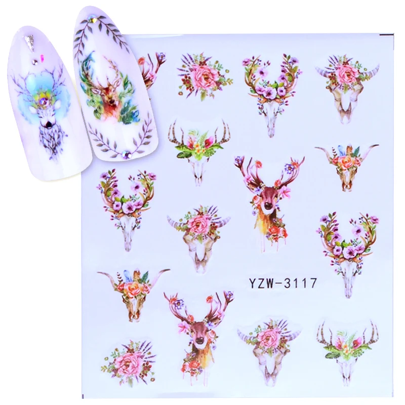 YZW-3117 1 Sheet Xmas Sticker for Nail Decals Snow Flower Deer Beauty DIY Watermark Nail Art Christmas New Year Decor - Цвет: YZW-3117
