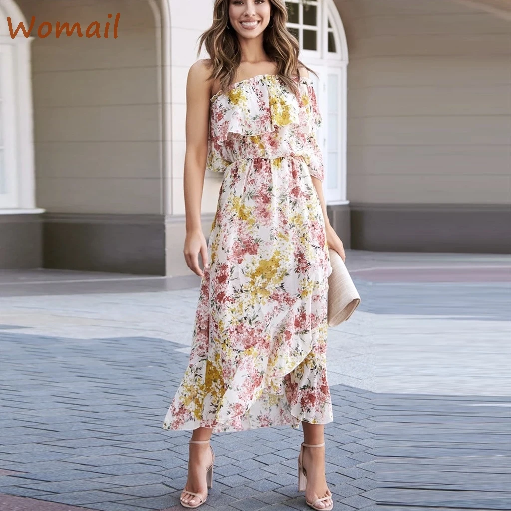 Женское платье с косым воротником женская одежда цветочным принтом в богемном