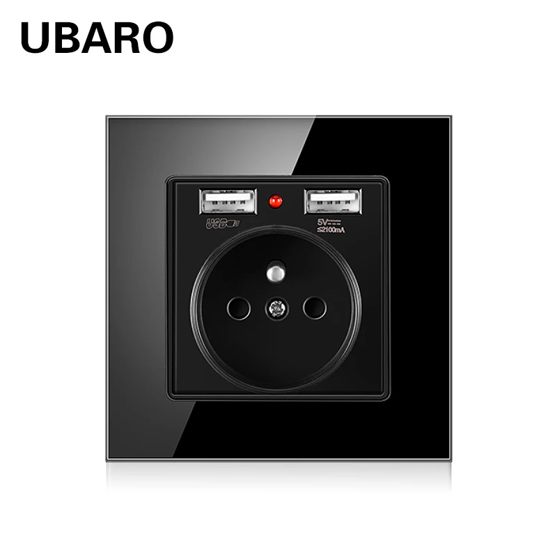 

UBARO 86*86mm 250V 16A French Standard Tempered Crystal Glass Panel USB Socket Electrical Plug Power Sockets Prise Murale Usb