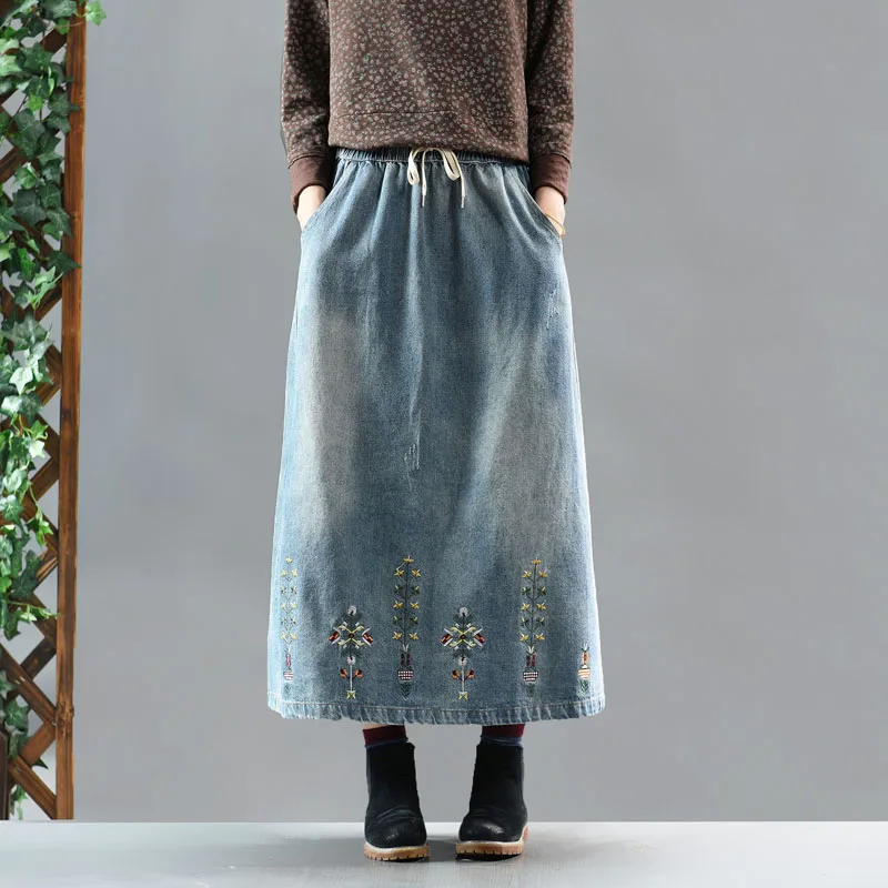 Женская джинсовая юбка с эластичной резинкой на талии Повседневная Свободная