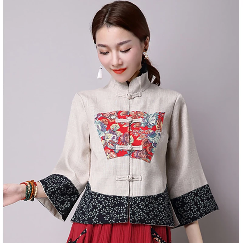 White Top Китайское платье Чонсам с национальным цветочным принтом для женщин, юбка, вышивка, танга, Qipao, льняные элегантные платья с длинным рукавом - Цвет: White Top
