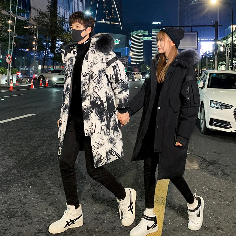 Mens down jacket new stylish medium and long Korean version thickened youth hooded casual men's coat with large fur collar