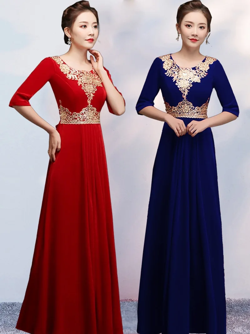 

Bling Appliques Women Wedding Party Dresses Sexy O-Neck Velour Long Skirt Elegant Formal Banquet Dress Slim Vestidos De Festa