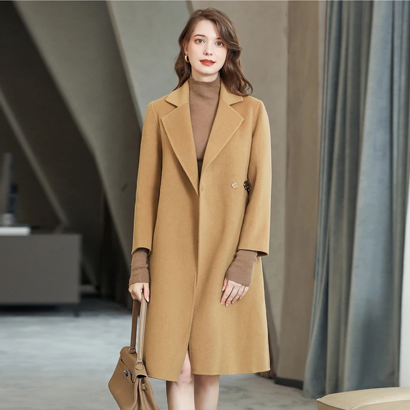 

New Solid Wool Autumn Jackets For Women Mid-Length Covered Button Double-Sided Woolen turn down collar Slim Fashion Ladies Coats