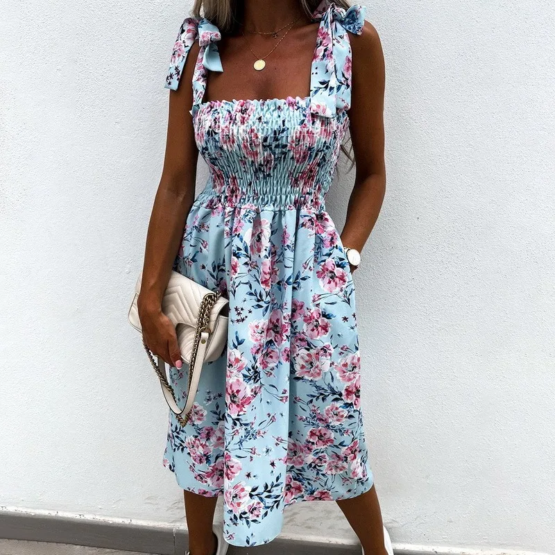 

Fashion Women Summer Flower Print A-Line Dress Shrinkage Design Pockets Bandage Decor Sling Sleevelss Square Collar Slim Dress