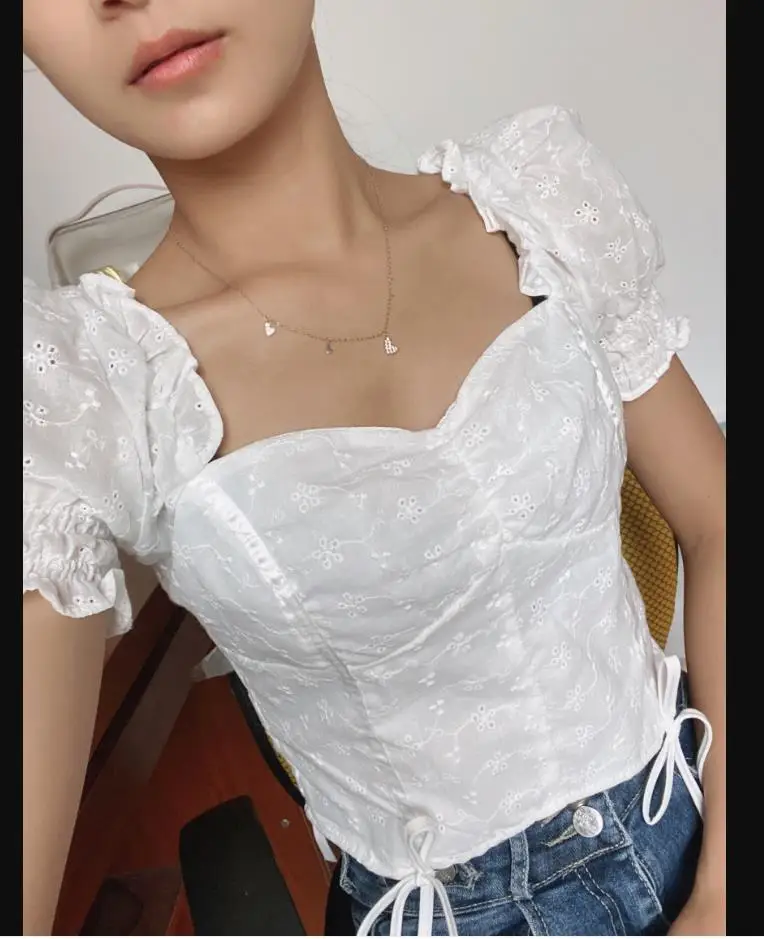 

French Style Women Crop Tops Summer Embroidery White T Shirts Women Puff Sleeve Short White Tops