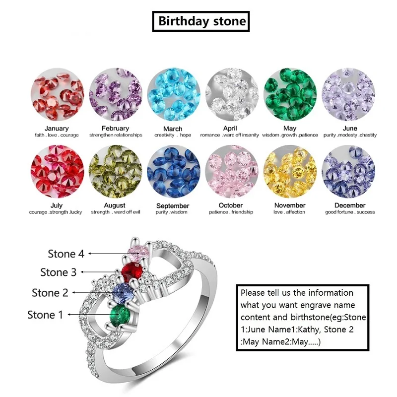 Customized Name Rings With Birthstone Engraved Name Finger Rings Women Personalized Zirconia Colorful Name Rings Birthday Gifts