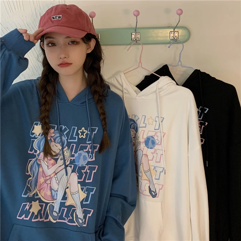 

Японская мультяшная девушка в стиле Харадзюку С буквенным принтом толстовки с длинным рукавом на цепочке женские зимние свободные пуловер...