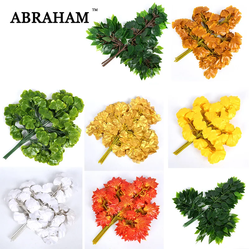 

12pcs 5 Fork Silk Fake Leaves Branch Artificial Tree Ginkgo Foliage Autumn Decorative Leafs Hanging Plant For Home Wedding Party