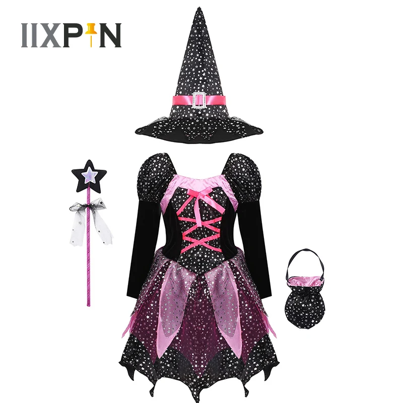 

IIXPIN Girls Halloween Witch Costume Sparkly Silver Stars Printed Carnival Cosplay Dress with Pointed Hat Wand Dress Up Clothes
